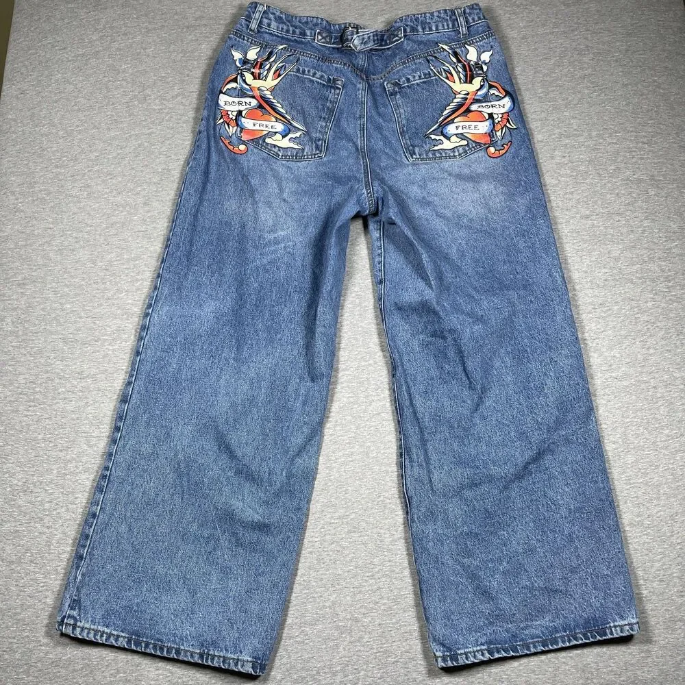VTG Ed Hardy Jeans Mens 34 Blue Medium Wash Relaxed Straight Tattoo Graphics
